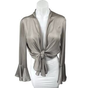 Bardot Silver Silk Satin Bell Long Sleeve Tie Hem Cropped Blouse Top Size 6/S